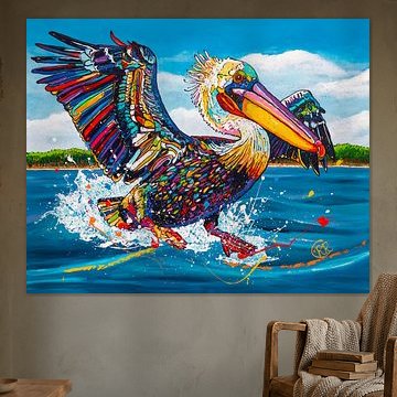 A Pelican’s Powerful Landing by Happy Paintings / Renata Rolefes Art