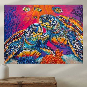 Zeeschildpadden met een Onderwater Zonsondergang van Happy Paintings / Renata Rolefes Art