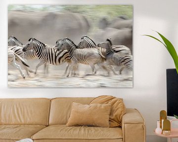 Unruhe an der Wasserstelle, Zebras und Elefanten von Jeroen Kleverwal