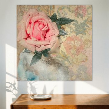 Portrait romantique vintage avec une rose rose et réalisé selon la technique du collage sur Studio Pieternel
