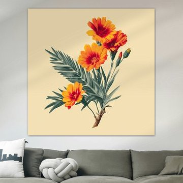 African Marigolds in Orange: Botanical Flower Illustration by Eva Lee