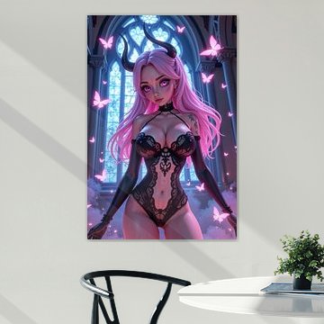 Dark Fantasy Anime Wandbild: MYRZELITH – Sexy Anime Gothic Devil Girl umgeben von pinken Schmetterlingen von INFERAURUM - Dark Fantasy Wall Art