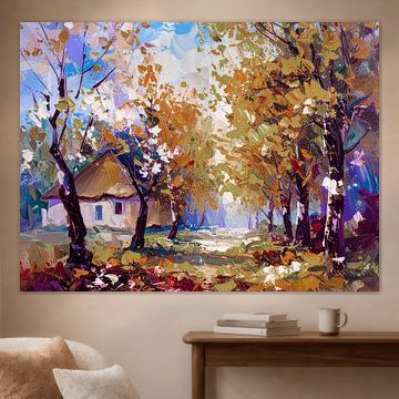 Ländliches Herbstgemälde mit idyllischem Häuschen und Bäumen von STUDIO ARTSY