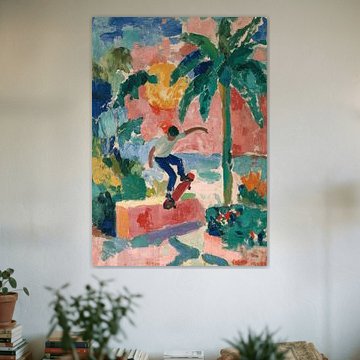 Skateboarders beneath palm trees in a colourful tropical setting by Niklas Maximilian