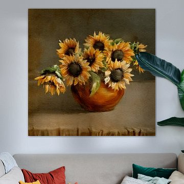 Klassiek en Tijdloos stilleven van aardewerk pot met zonnebloemen van Studio Pieternel