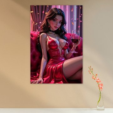 Dark Fantasy Anime Wandbild: VELVETRIXA – Sexy Anime Girl auf ihrer roten Couch von INFERAURUM - Dark Fantasy Wall Art