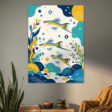 Abstrakte Unterwasserszene mit Schwertschwanzfischen von Karomah Project