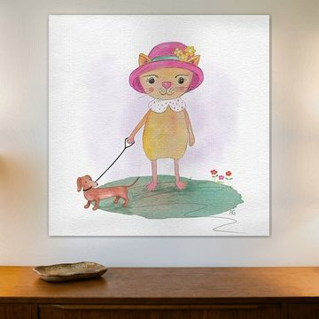 Sunday walk with a dachshund – animal illustration by Anita Gewald