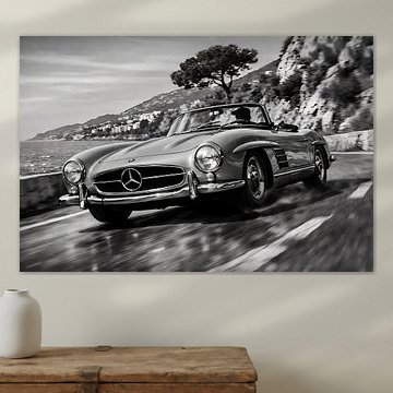 Une Mercedes-Benz de luxe d'époque roulant sur une route côtière de la Côte d'Azur. sur Jelena Jovanovic Fine Art