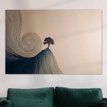 Arbre sur une colline ondulée, dans un style minimaliste de dessin au trait sur Eva Lee