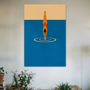A minimalist illustration of a woman jumping into the sea