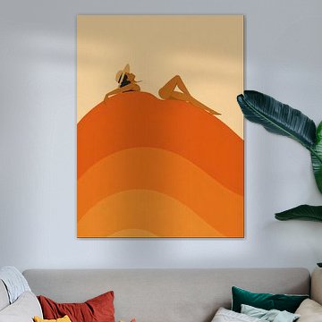 Illustration estivale minimaliste représentant une femme sur des dunes orange abstraites sur DesignDoodle