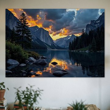 Mountain Lake Sunset with Rock Shoreline and Coniferous Forest by Markus Gann