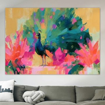 Bunter Pfau zwischen leuchtenden Blüten in abstrakten Farben von Niklas Maximilian