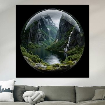 Fjord with mountains and a waterfall in a glass ball