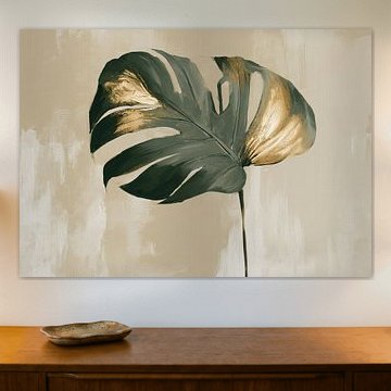 Monstera leaf with gold accents on a beige background by Niklas Maximilian