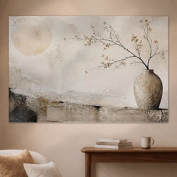 Wabi-Sabi Keramikvase mit blühendem Zweig – Japandi Wandbild