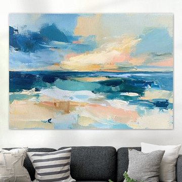 Abstract seascape in blue and orange on the beach by Niklas Maximilian