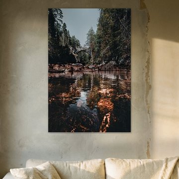 Swedish nature – Centred vertical photo print of the stone arch bridge in the woods near Brattfallet by Dylan Winter Visuals