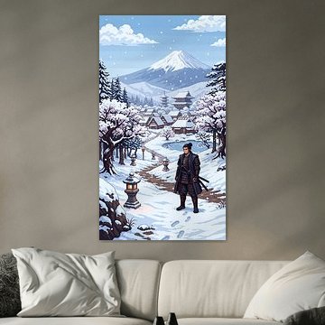 Pixelkunst: Der einsame Samurai in einem verschneiten japanischen Dorf, der unter Kirschbäumen entlangschreitet, während der Fuji über seine stille Reise wacht von my pixel art