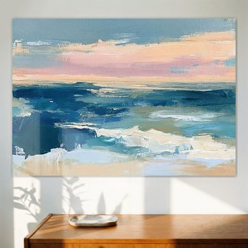 Paysage marin abstrait au coucher du soleil, dans des tons de bleu et de rose sur Niklas Maximilian
