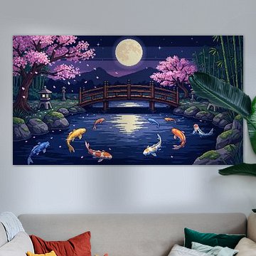 Moonlit Koi Garden — Sakura Bridge Pixel Art by my pixel art