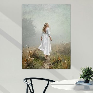 A charming woman in a white dress in a misty landscape
