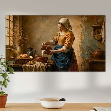 Rustieke melkmeisje dat verse melk inschenkt – Oude Wereldkunst