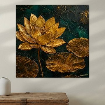 Grüne goldene Horizonte – Lotusblüte 1 von Johannas Art Creations