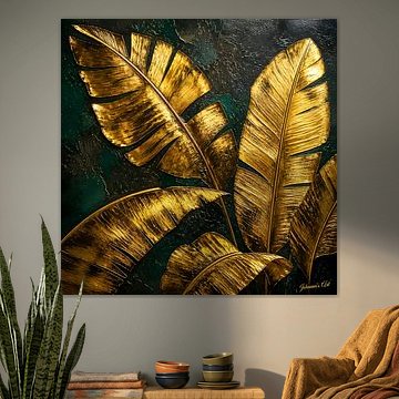 Grüne goldene Horizonte – Tropische Bananenblätter 1 von Johannas Art Creations