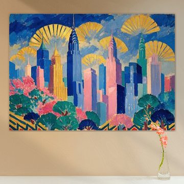 New York Skyline im Art Deco Stil Farbenfroh von Niklas Maximilian