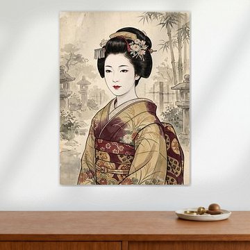 Une gracieuse geisha d'Edo entourée de fleurs et de bambous sur my pixel art