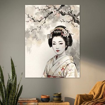 Une élégante geisha sous les branches de prunier en fleurs sur my pixel art
