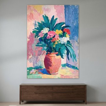 Vibrant Floral Still Life in Pink and Blue