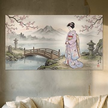 Geisha unter Blüten neben einem Bergsee von my pixel art