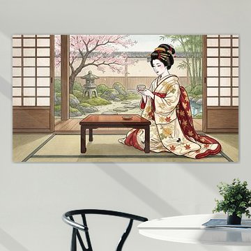 Eine anmutige Geisha genießt ihren Tee in einem ruhigen japanischen Garten von my pixel art