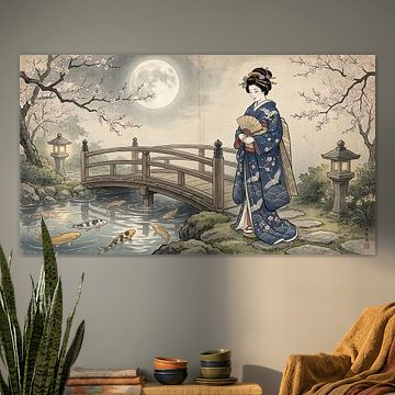 Mondhelle Ruhe: Eine anmutige Geisha am Koiteich unter blühenden Bäumen von my pixel art