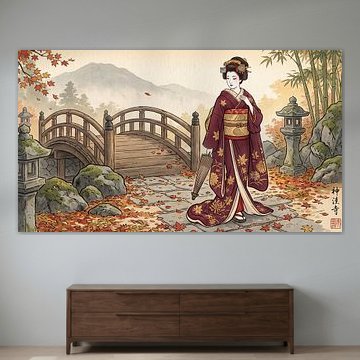 Eine Geisha im Herbst überquert eine Holzbrücke in einem ruhigen Garten von my pixel art