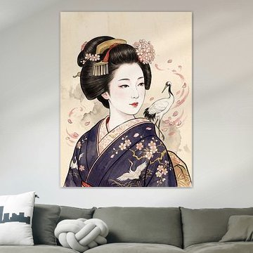 Elegante Geisha in einem indigoblauen Kimono mit Kranichen und Kirschblüten von my pixel art