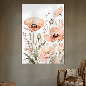 Zarte Pfirsich-Mohnblumen – botanische Aquarellillustration