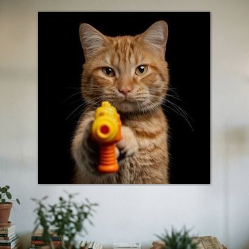 Orangefarbene Katze mit Wasserpistole