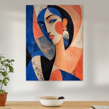 Portrait abstrait d'une femme composé de formes géométriques dans des tons de bleu vif, de corail et de noir sur Alfonz