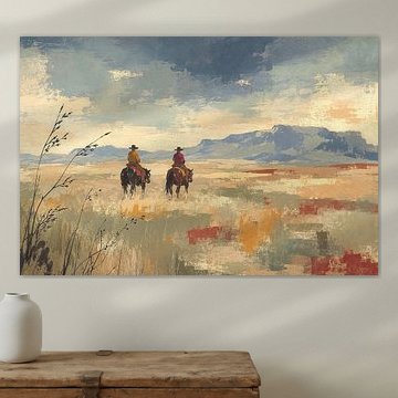 Two cowboys on the Mexican prairie (AI) (horse riding, warmth, freedom, rugged, man cave, adventure) by Natalie Bruns