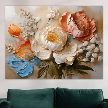 Nature morte florale pleine de charme avec des pivoines, à la texture picturale épaisse