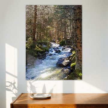 Sunlit Alpine Forest Stream Flowing Over Moss Covered Rocks by Strange Paradise