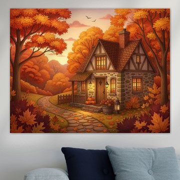 Une maison de campagne chaleureuse au milieu d'arbres aux couleurs éclatantes de l'automne sur Animaflora PicsStock