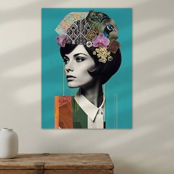 Surrealist pop art collage print: Profile of a woman with an eclectic headdress and steampunk elements by Fgworks