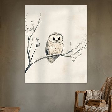 Chouette perchée sur une branche dans une illustration minimaliste en noir et blanc