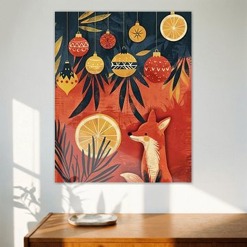 Weihnachten mit Fuchs und Weihnachtskugeln in einer gemütlichen Retro-Illustration von Eva Lee