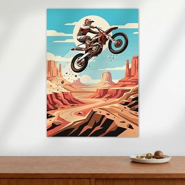 Motocross rider soars above winding red desert canyon road